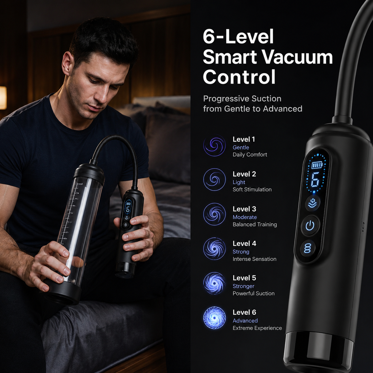 6-Level Smart Vacuum Penis Pump with LED Display & Silicone Comfort
