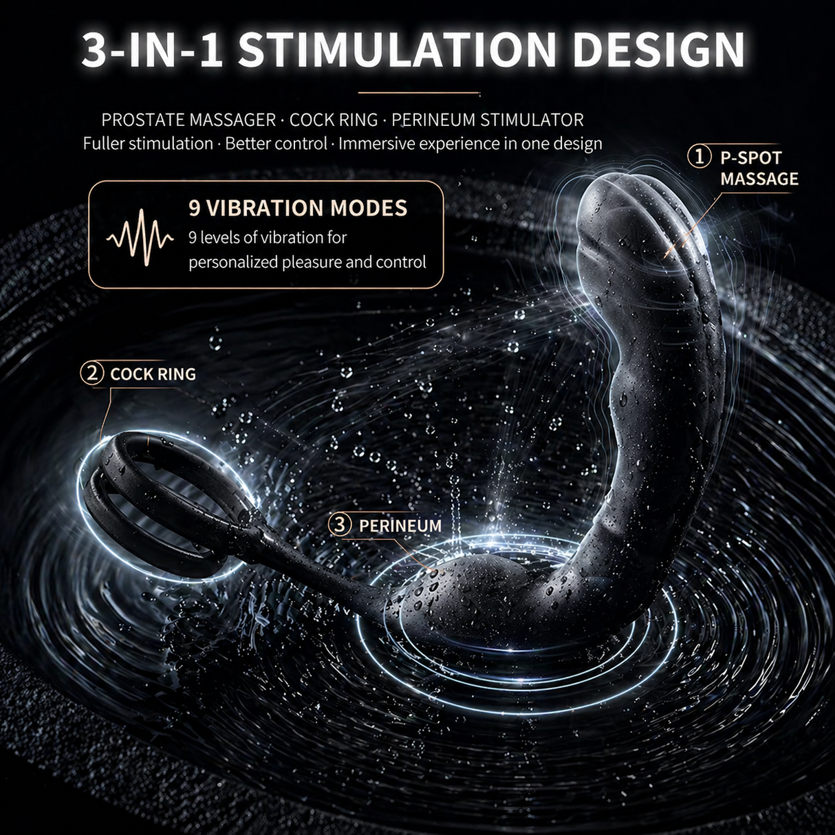 Small 3-in-1 Vibration Prostate Massager with Cock Ring & Perineum Stimulation