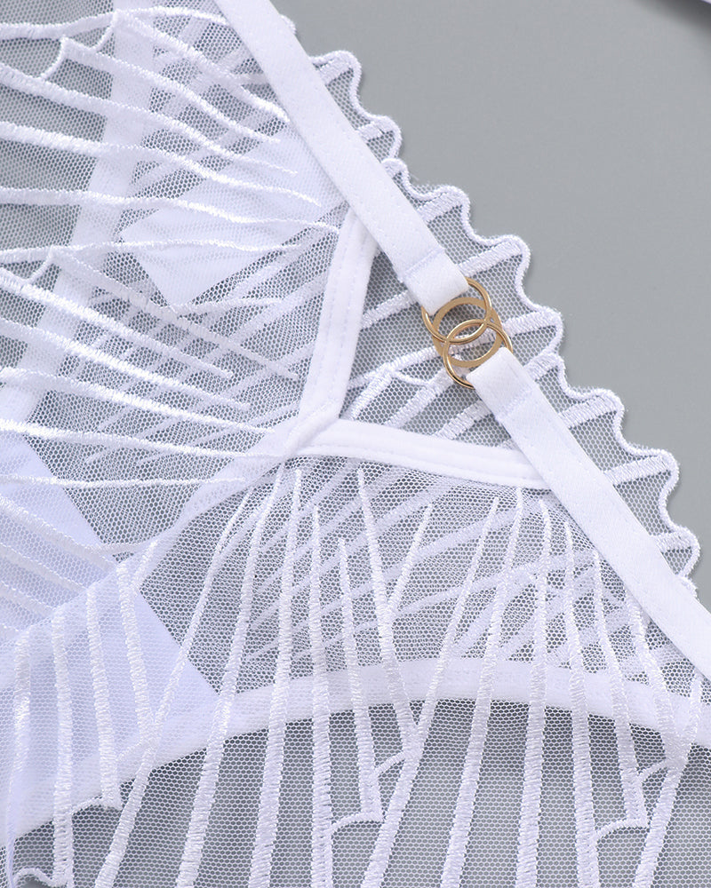 White lace lingerie bra with adjustable straps and delicate details, sweet yet seductive