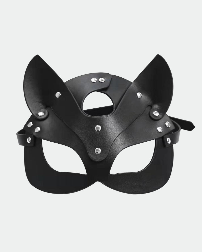 Black leather fox eye mask with stud rhinestone embellishments for intimate sessions