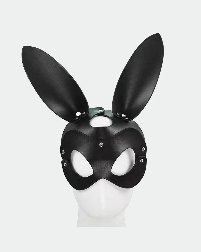Black leather bunny mask with long ears and stud embellishments for intimate sessions