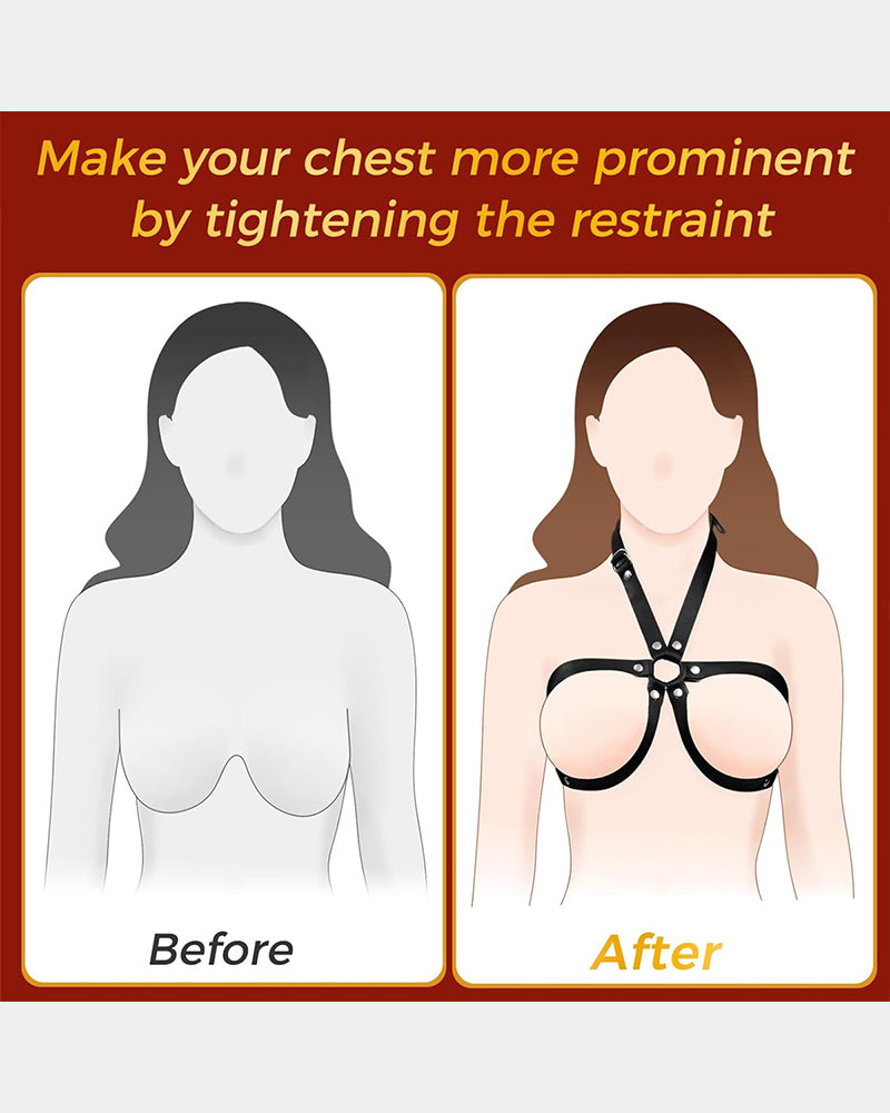 Black leather chest harness, enhancing chest appearance, adjustable design for intimate sessions.