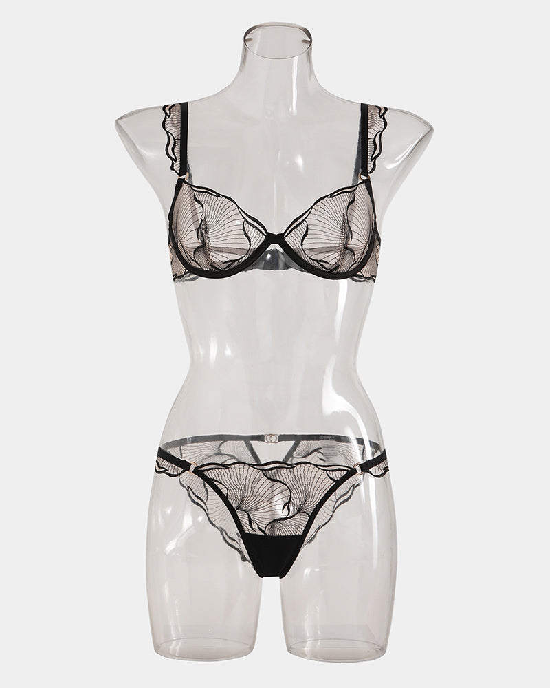 Black lace ruffle strap bra and panty set, underwire support, comfortable fit, for B and C cups.