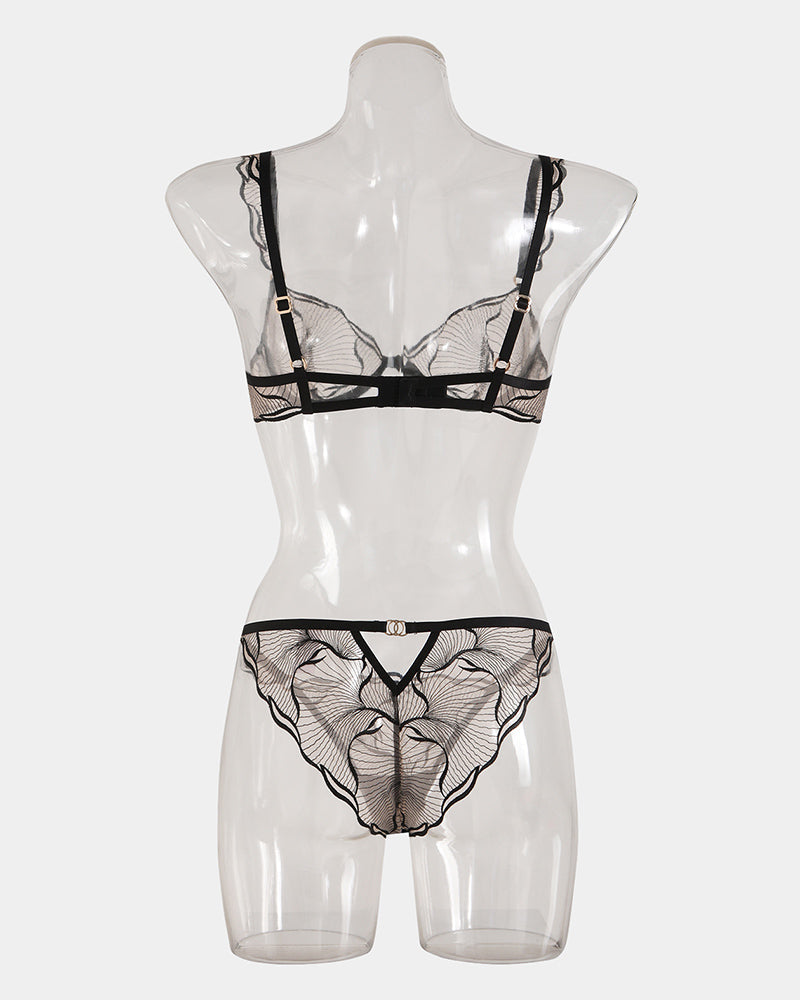 Black lace Avidlove Ruffle Strap Bra and Panty Set, see-through lingerie, adjustable straps