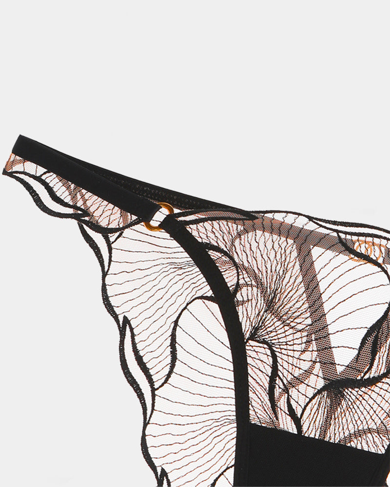 Black lace panty detail from Ruffle Strap Set, floral lace, adjustable straps, see-through lingerie