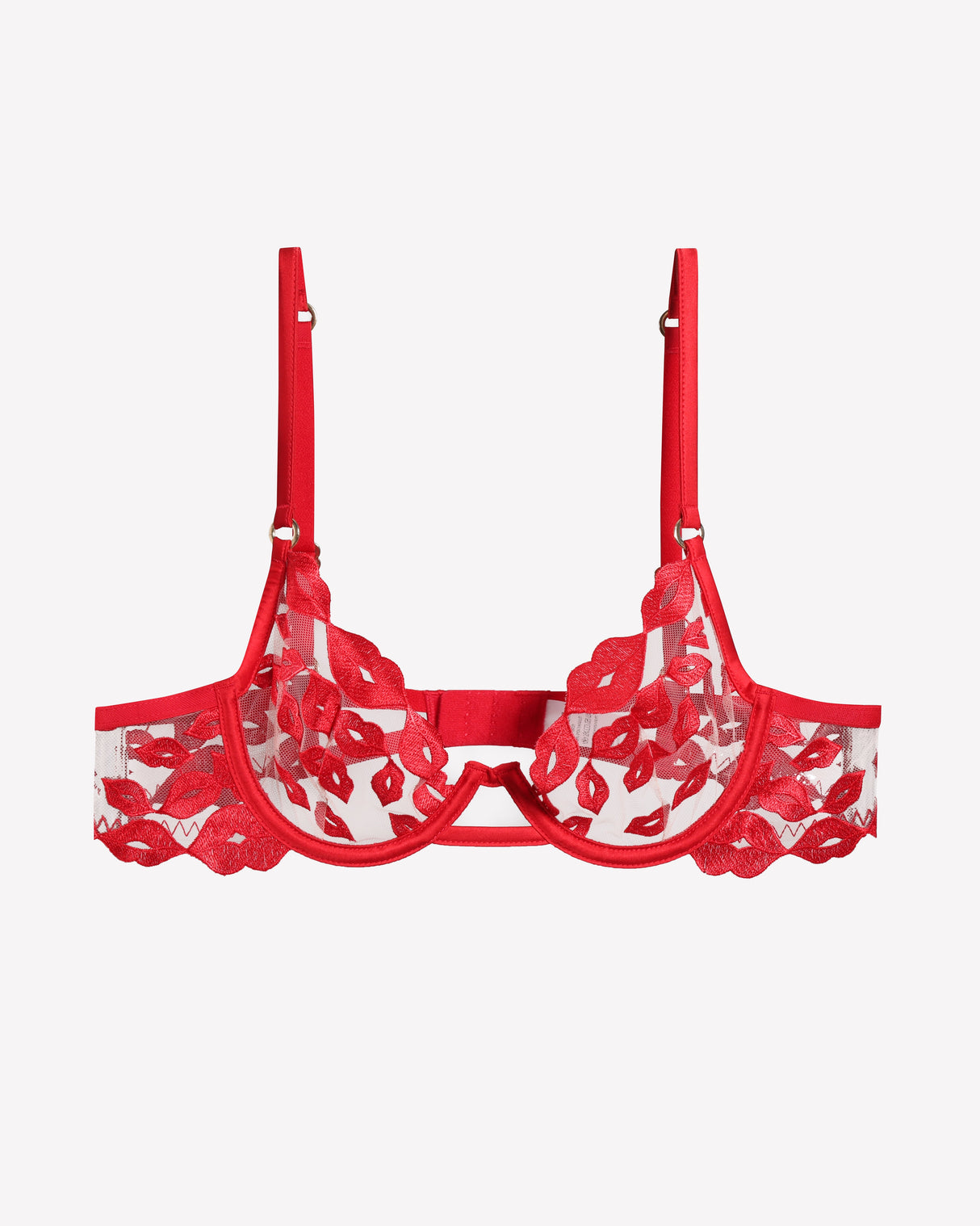 Red Kiss Print Embroidery Bra with adjustable straps and underwire support