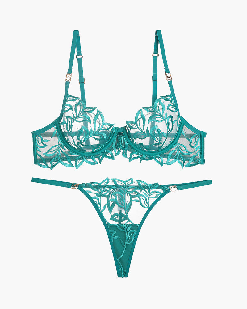 Teal lace bra and thong set with floral embroidery. Adjustable straps. Seductive lingerie.
