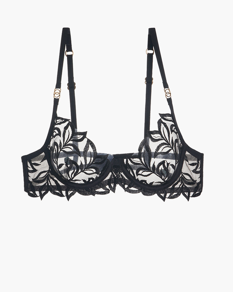 Black embroidered lace bra with floral design, adjustable straps, and underwire