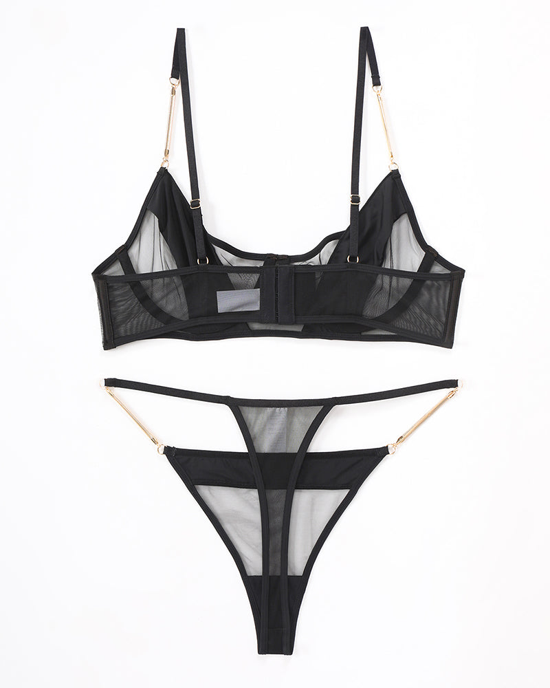 Black Push Up Bra and Thong Set with Chain Straps and Delicate Lace Details