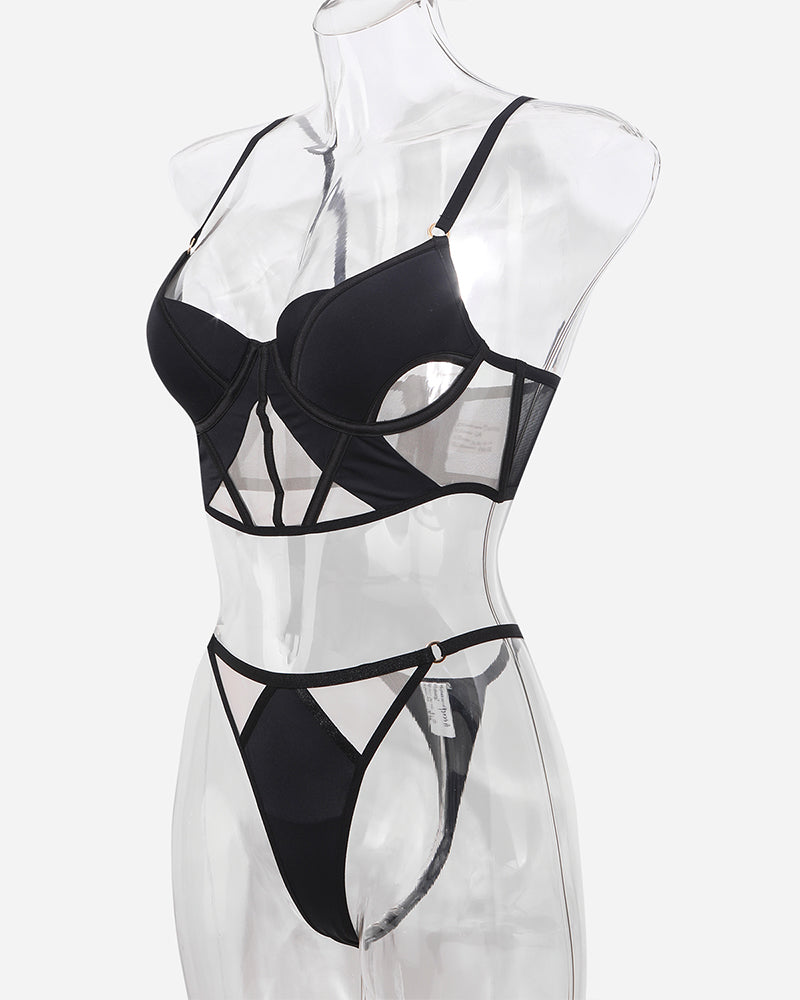 Black Push Up Mesh Hollow Bra and Thong Set - Seductive Lingerie with Mesh Details