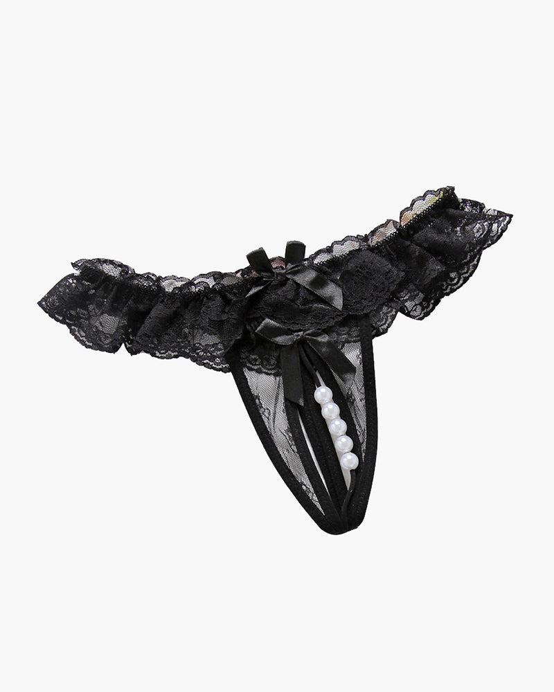 Black beaded lace crotchless panty with faux pearls and bows, low rise lingerie