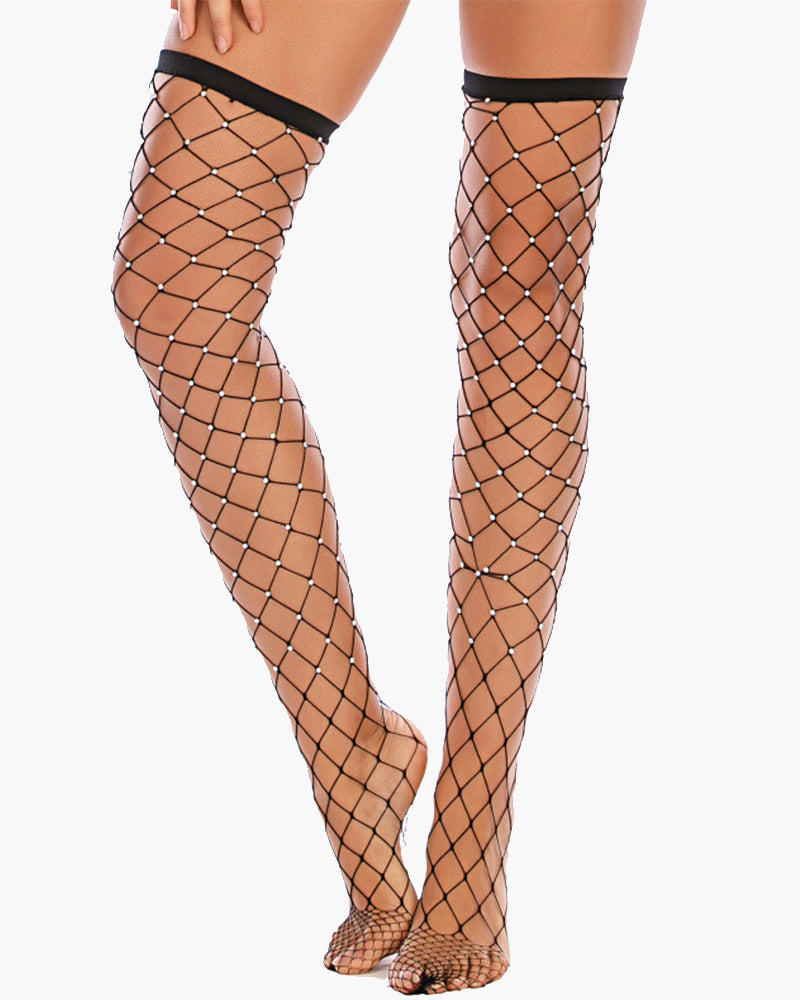 Black rhinestone fishnet knee high stockings, sheer, lace trim, perfect for a sexy look.