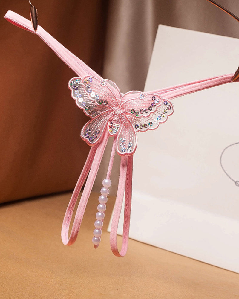 Pink Pearl Sequined Mesh Low Rise Panties with Butterfly Design, sexy lingerie