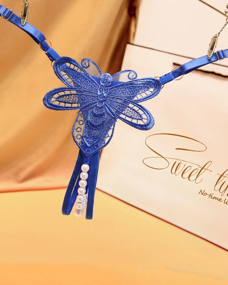 Blue butterfly embroidered crotchless thong with pearl accents, perfect for a sweet time.