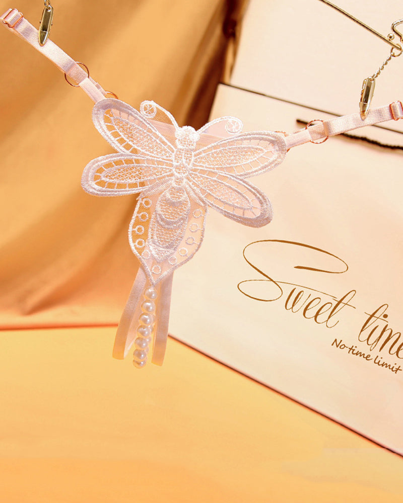 Pink butterfly embroidered crotchless thong with pearl accents, Sweet time lingerie, low waist