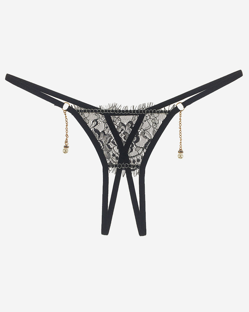 Black crotchless thong with pearl pendant. Low waist, floral lace. Sexy lingerie.