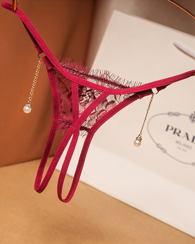 Burgundy crotchless thong with floral lace and pearl pendant. Low waist design. Sexy lingerie.