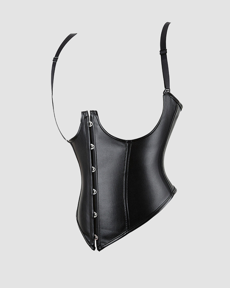 Black leather corset with suspenders, 1980s style, ideal for parties and weddings