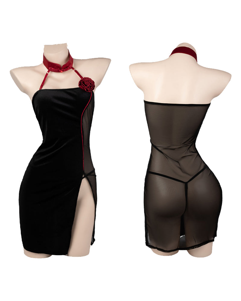 Black halter neck cheongsam lingerie set with red trim and slit, sheer back, perfect for role play