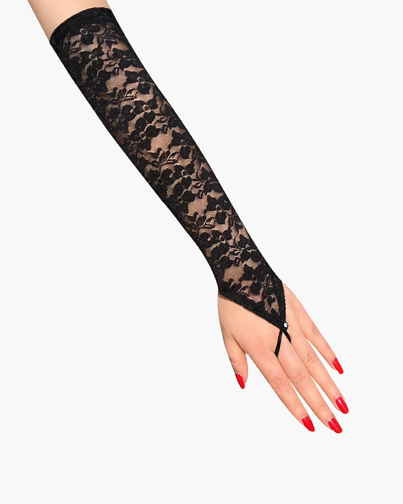 Elegant black lace fingerless gloves with floral pattern, adding a touch of mystery and style.