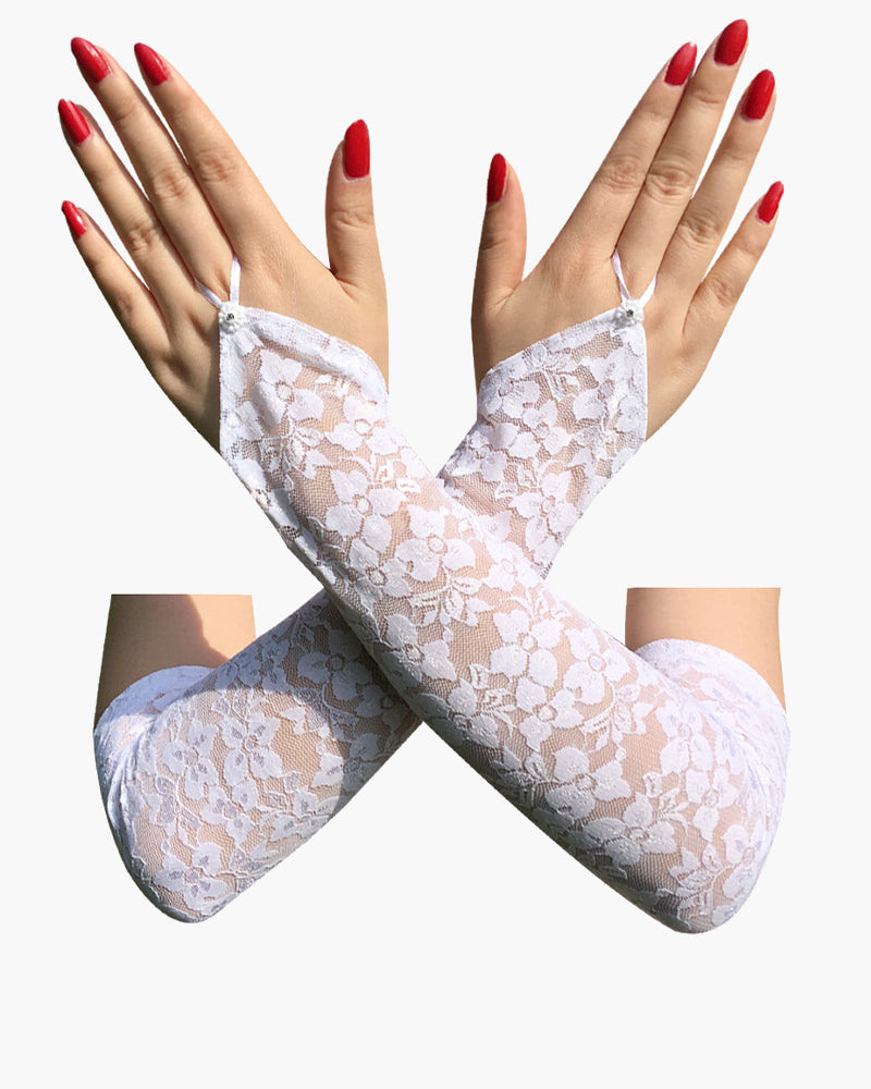 White lace fingerless gloves, floral pattern, adding elegance and mystery to your look.