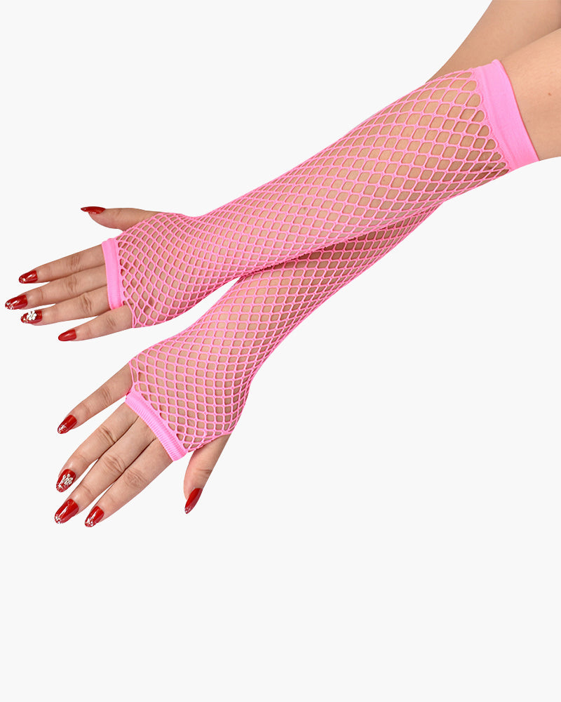 Pink fishnet fingerless gloves, mesh pattern, perfect for adding a touch of mystery to any outfit