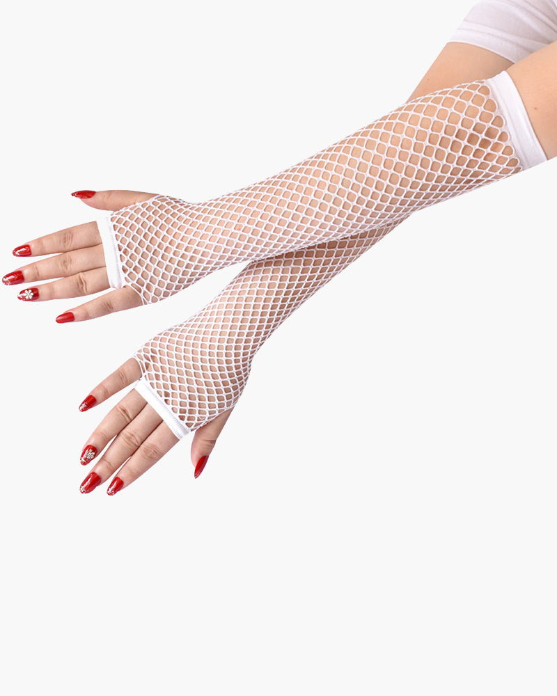 White fishnet fingerless gloves, mesh pattern, perfect for adding a touch of mystery to any outfit.