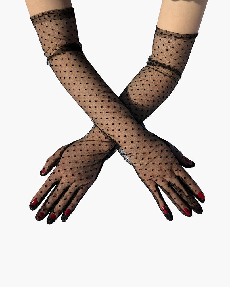 Elegant black lace polka dot gloves, adding a touch of mystery and style to any outfit.