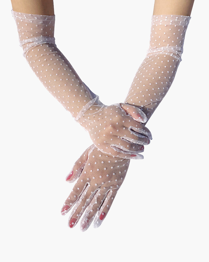 Retro polka dot gloves, beige mesh, elegant design, perfect for adding mystery to your outfit.