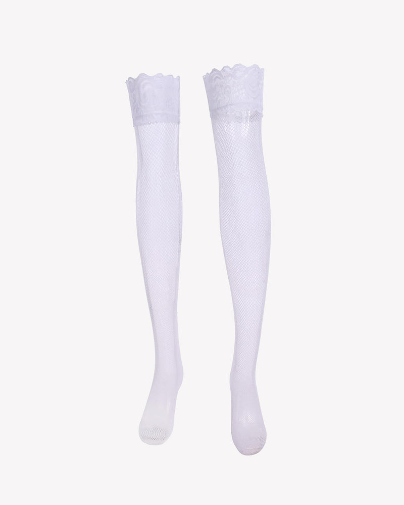 White fishnet thigh-high stockings with lace trim, sheer and sexy lingerie for women