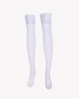 White fishnet thigh-high stockings with lace trim, sheer and sexy lingerie for women