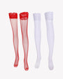 Red and white lace trim fishnet thigh-high stockings. Comfortable and sexy lingerie for women.