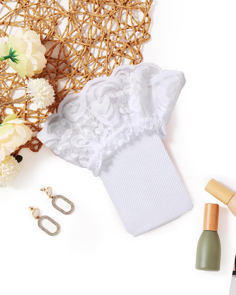 White lace trim thigh-high stocking, sheer fishnet material, perfect lingerie for women