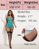 Model in fishnet thigh-high stockings, emphasizing high elasticity, ideal for women's sexy lingerie