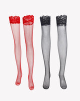 Red and black fishnet thigh-high stockings with lace trim, perfect lingerie for women
