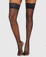 Black fishnet thigh-high stockings with lace trim, perfect for a sexy look.