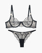 Black lace lingerie set. Embroidered bra and panty with adjustable straps and a seductive design.
