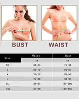 Corset size chart: bust and waist measurements in cm, with women demonstrating measurement.
