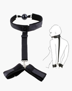 Black adjustable strap set with mouth gag and wrist restraints for intimate sessions