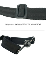Black adjustable strap set with mouth gag and adjustable handcuffs for intimate sessions