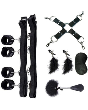 5-Piece SM Bed Restraint Set with Black Leather Restraints and Feather Ticklers