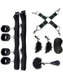 5-Piece SM Bed Restraint Set with Black Leather Restraints and Feather Ticklers