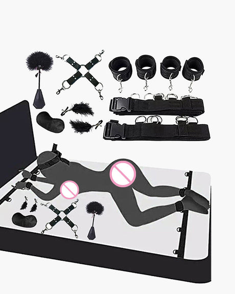 SM Bed Restraint Kit: Black leather restraints and feather ticklers for intimate exploration.
