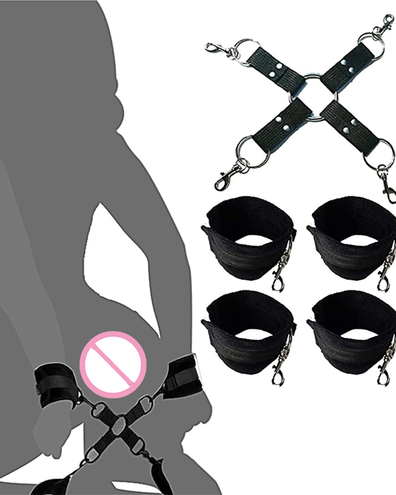 Black 5-Piece SM Bed Restraint Set: Wrist cuffs, ankle cuffs, and cross restraint for intimate play.