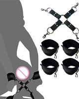 Black 5-Piece SM Bed Restraint Set: Wrist cuffs, ankle cuffs, and cross restraint for intimate play.
