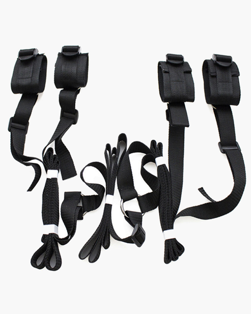 Black SM sex toy restraint band set with adjustable cuffs and straps for intimate exploration.