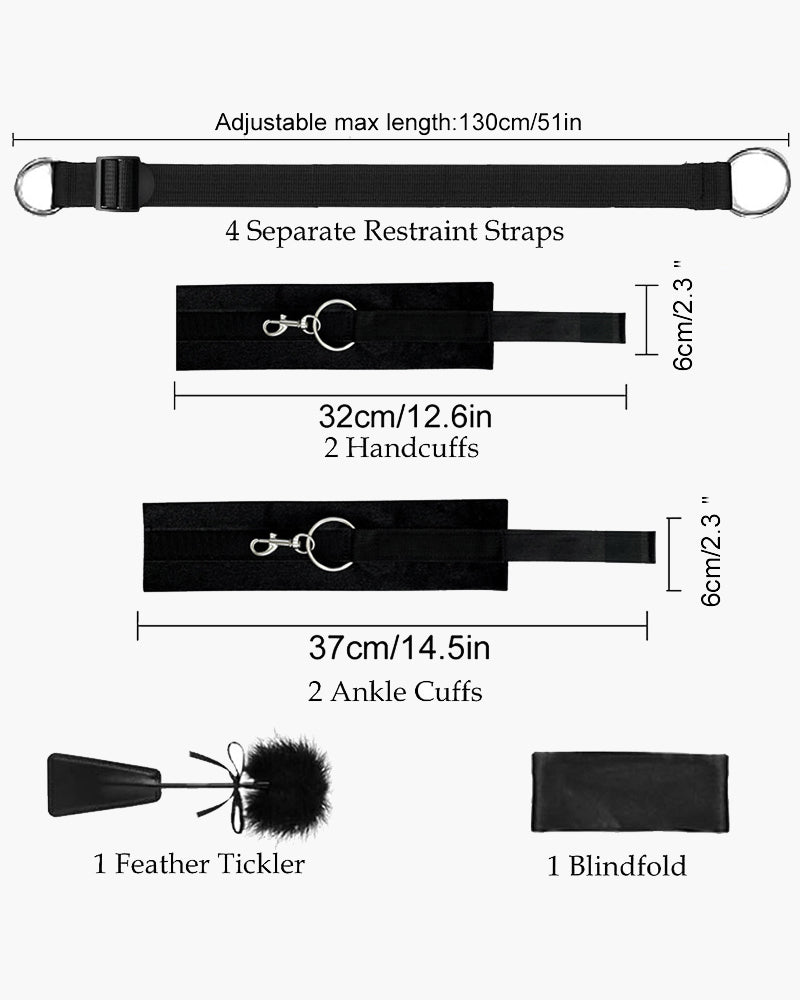 Black SM restraint set: adjustable straps, cuffs, feather tickler, and blindfold for intimate play.