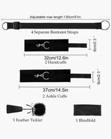 Black SM restraint set: adjustable straps, cuffs, feather tickler, and blindfold for intimate play.