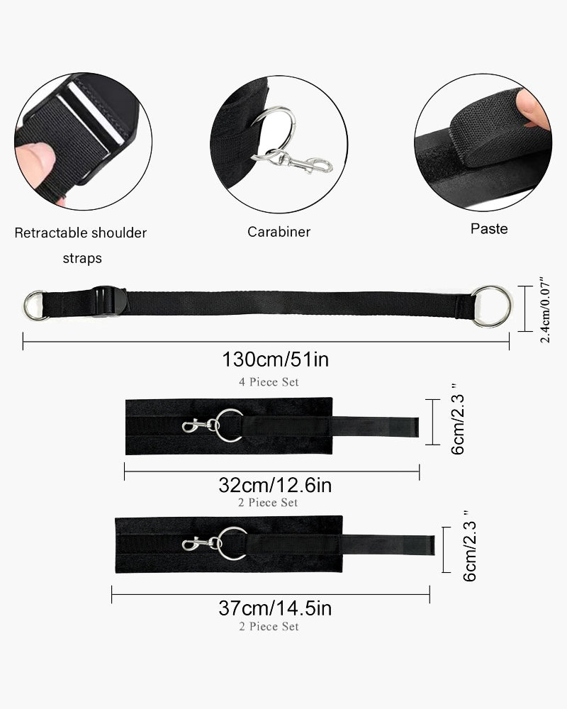 Black SM restraint set with adjustable straps and cuffs for intimate play