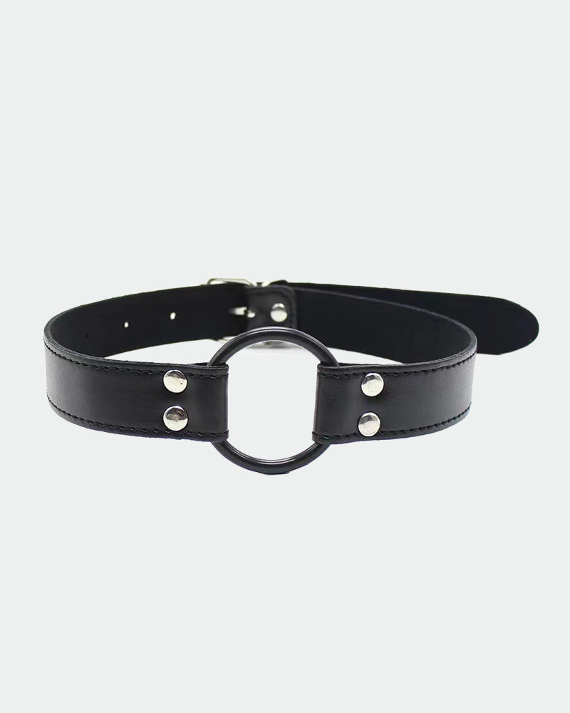 Black leather SM collar with a metal ring and adjustable buckle, perfect for intimate sessions.